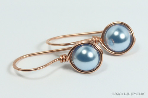 14K rose gold filled wire wrapped light blue pearl drop earrings handmade by Jessica Luu Jewelry