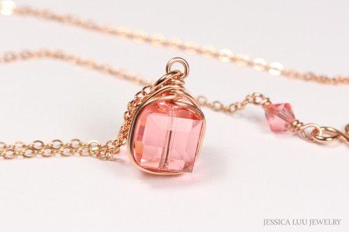 14K rose gold filled wire wrapped peach pink crystal cube pendant on chain necklace handmade by Jessica Luu Jewelry