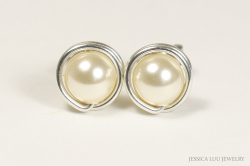 Sterling silver wire wrapped ivory cream pearl stud earrings handmade by Jessica Luu Jewelry