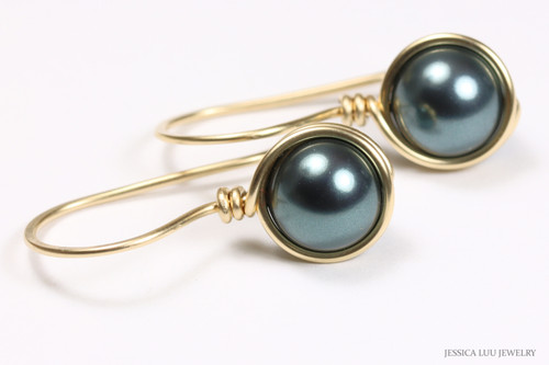 14K yellow gold filled wire wrapped blue grey Tahitian pearl drop earrings handmade by Jessica Luu Jewelry