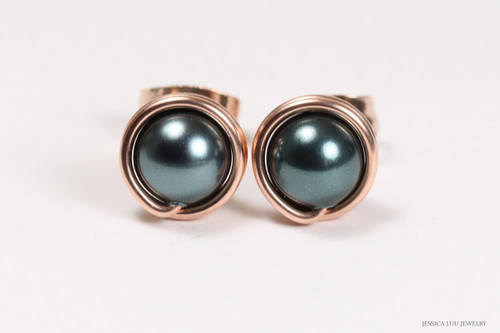 14K rose gold filled wire wrapped blue grey Tahitian crystal pearl stud earrings handmade by Jessica Luu Jewelry