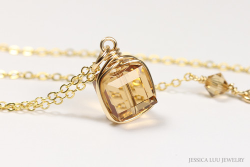 14K yellow gold filled wire wrapped light Colorado topaz crystal cube pendant on chain necklace handmade by Jessica Luu Jewelry