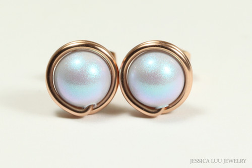 14K rose gold filled wire wrapped iridescent dreamy light blue pearl stud earrings handmade by Jessica Luu Jewelry