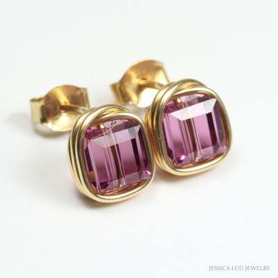 6mm purple faceted Austrian crystal cube stud earrings in 14K yellow gold filled wire wrapped setting handmade by Jessica Luu Jewelry