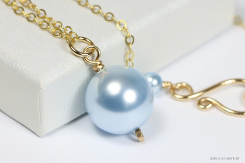 14K yellow gold filled wire wrapped light blue pearl solitaire pendant on chain necklace handmade by Jessica Luu Jewelry