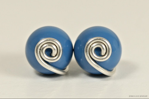 Sterling silver wire wrapped lapis blue  pearl stud earrings handmade by Jessica Luu Jewelry