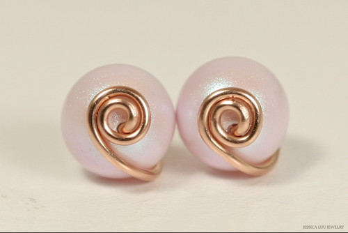 14K rose gold filled wire wrapped iridescent dreamy rose pink pearl stud earrings handmade by Jessica Luu Jewelry