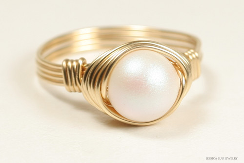 14K yellow gold filled wire wrapped pearlescent white pearl solitaire ring handmade by Jessica Luu Jewelry