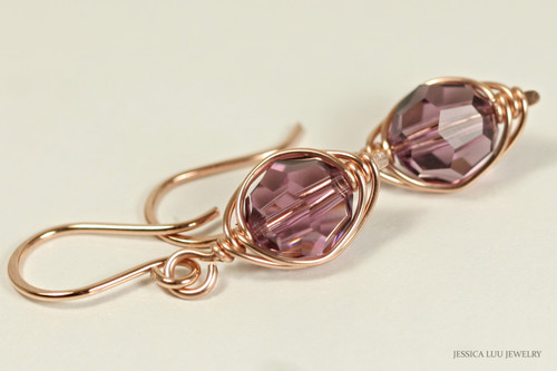 14k rose gold filled herringbone wire wrapped iris purple crystal dangle earrings handmade by Jessica Luu Jewelry