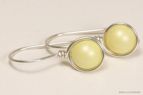 Sterling silver wire wrapped pastel light yellow pearl drop earrings handmade by Jessica Luu Jewelry