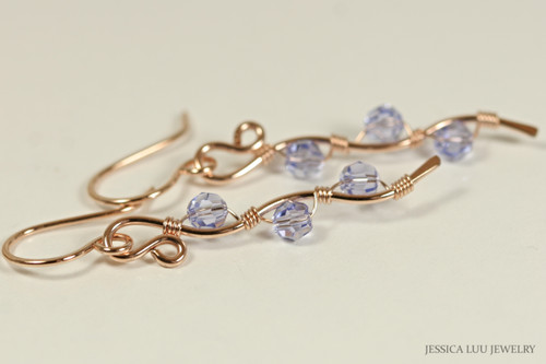 14K rose gold filled wire wrapped Provence lavender blue purple crystal dangle earrings handmade by Jessica Luu Jewelry