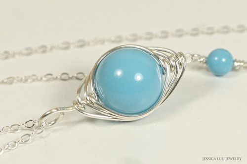 Sterling silver herringbone wire wrapped turquoise blue pendant on chain necklace handmade by Jessica Luu Jewelry