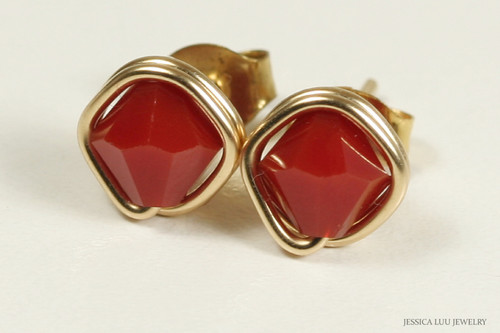 14K yellow gold filled wire wrapped red coral crystal stud earrings handmade by Jessica Luu Jewelry
