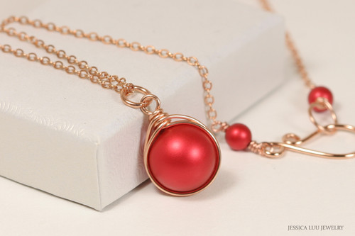 14K rose gold filled wire wrapped rouge red pearl pendant on chain necklace handmade by Jessica Luu Jewelry