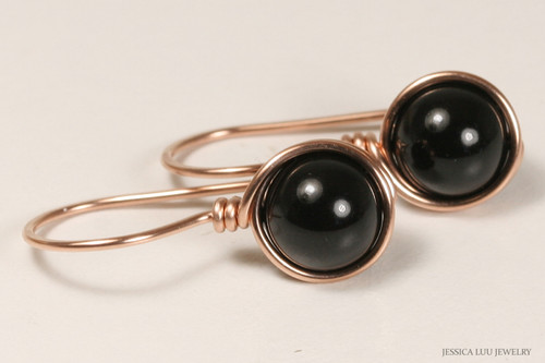 14K rose gold filled wire wrapped mystic black pearl drop earrings handmade by Jessica Luu Jewelry