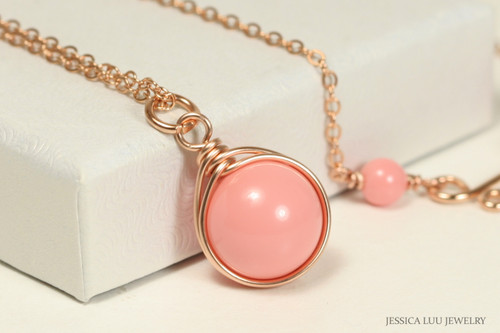 14K rose gold filled wire wrapped pink coral solitaire pendant on chain necklace handmade by Jessica Luu Jewelry