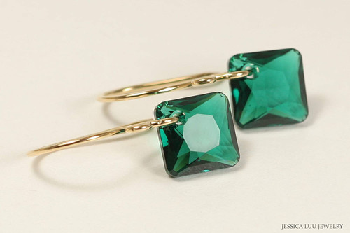 14K yellow gold filled emerald green crystal dangle earrings handmade by Jessica Luu Jewelry