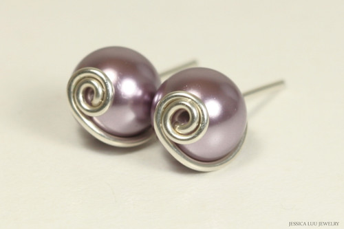 Sterling silver wire wrapped mauve purple pearl stud earrings handmade by Jessica Luu Jewelry