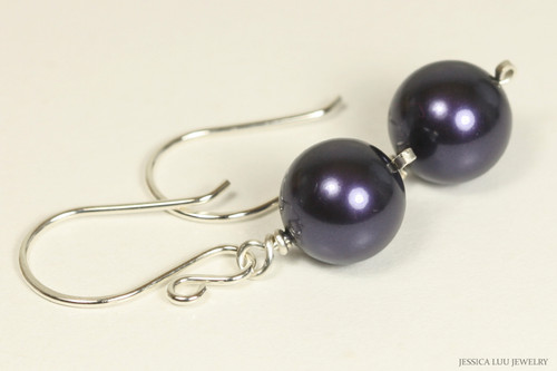 Sterling silver wire wrapped dark purple pearl dangle earrings handmade by Jessica Luu Jewelry