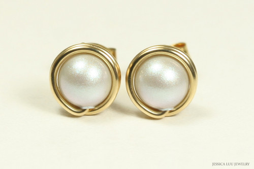14K gold filled wire wrapped iridescent dove grey pearl stud earrings handmade by Jessica Luu Jewelry