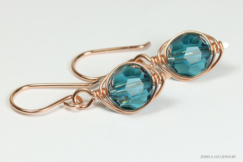 14K rose gold filled wire wrapped teal blue crystal dangle earrings handmade by Jessica Luu Jewelry