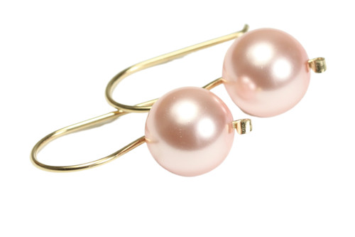 14K gold filled earrings with large pink pearls handmade by Jessica Luu Jewelry