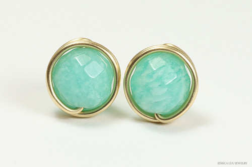 14K gold filled wire wrapped amazonite gemstone stud earrings handmade by Jessica Luu Jewelry