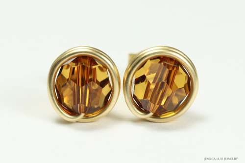 14K yellow gold filled wire wrapped amber brown crystal stud earrings handmade by Jessica Luu Jewelry