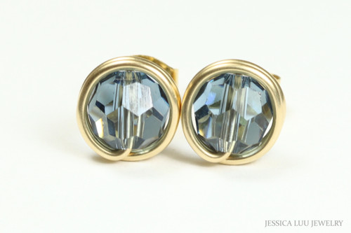 14K gold filled wire wrapped denim blue crystal round stud earrings handmade by Jessica Luu Jewelry