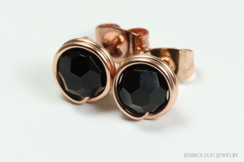 14K rose gold filled wire wrapped 6mm jet black crystal round stud earrings handmade by Jessica Luu Jewelry