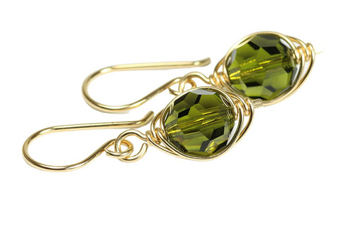 14K gold filled herringbone wire wrapped olive green crystal dangle earrings handmade by Jessica Luu Jewelry