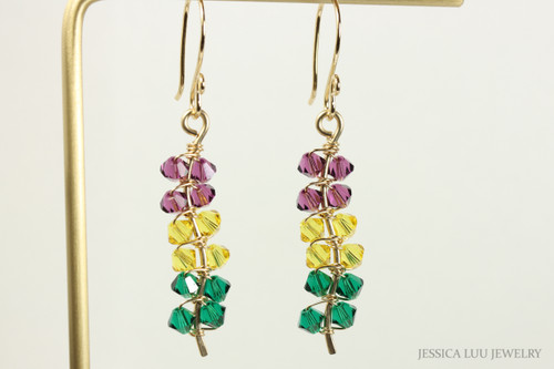 Yellow, green and purple Mardi Gras dangle earrings handmade by Jessica Luu Jewelry