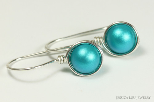 Sterling silver wire wrapped teal blue green 8mm pearl drop earrings handmade by Jessica Luu Jewelry