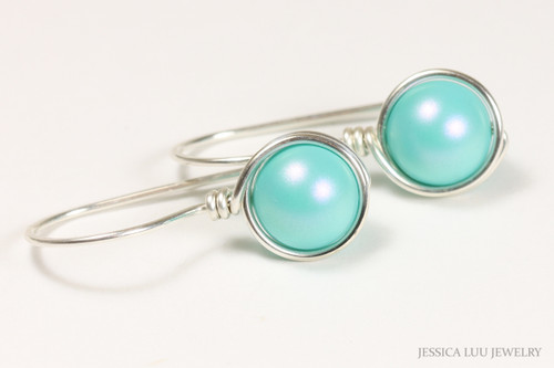 Sterling silver wire wrapped aqua blue green 8mm pearl drop earrings handmade by Jessica Luu Jewelry