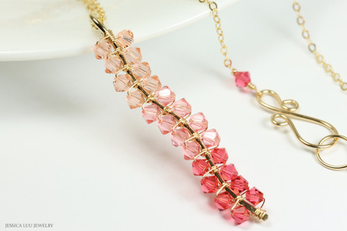 14K gold filled wire wrapped peach pink ombre gradient pendant on chain necklace handmade by Jessica Luu Jewelry