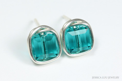 Sterling silver wire wrapped teal green blue zircon cube crystal stud earrings handmade by Jessica Luu Jewelry