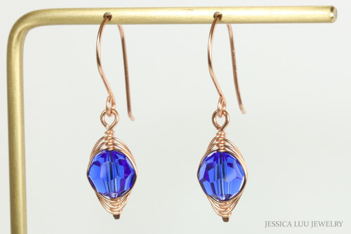 14K rose gold filled wire wrapped majestic cobalt blue crystal dangle earrings handmade by Jessica Luu Jewelry