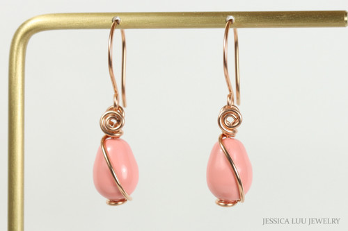 14K rose gold filled wire wrapped pink coral teardrop pearl dangle earrings handmade by Jessica Luu Jewelry