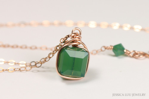 14K rose gold filled wire wrapped dark green crystal cube pendant on chain necklace handmade by Jessica Luu Jewelry