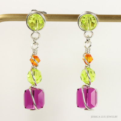 Sterling silver wire wrapped pink purple green orange crystal dangle earrings handmade by Jessica Luu Jewelry