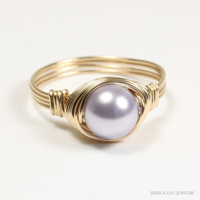 14K yellow gold filled wire wrapped 8mm lavender pearl solitaire ring handmade by Jessica Luu Jewelry