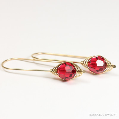 14K yellow gold filled wire wrapped 8mm round ruby red crystal drop earrings handmade by Jessica Luu Jewelry