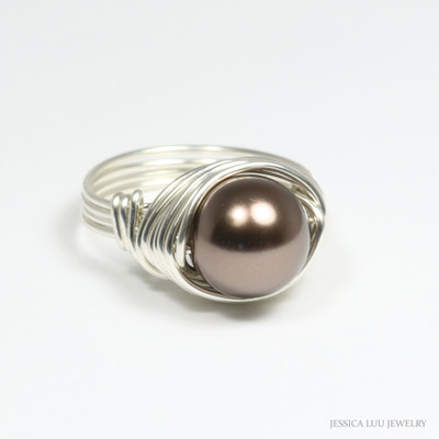 Sterling silver wire wrapped large 10mm round brown pearl solitaire ring handmade by Jessica Luu Jewelry