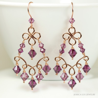 14K rose gold filled wire wrapped chandelier earrings with amethyst purple Austrian crystals handmade by Jessica Luu Jewelry
