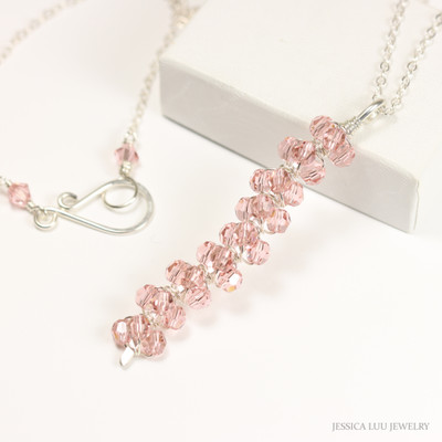 Sterling silver wire wrapped pale blush pink crystal beaded pendant on 18 inch chain necklace handmade by Jessica Luu Jewelry