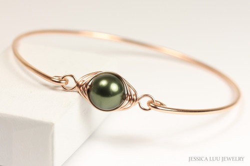 14K rose gold filled wire wrapped slide on bangle bracelet with 10mm dark olive green pearl solitaire handmade by Jessica Luu Jewelry