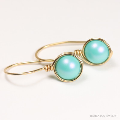 14K yellow gold filled wire wrapped 8mm aqua blue green pearl drop earrings handmade by Jessica Luu Jewelry