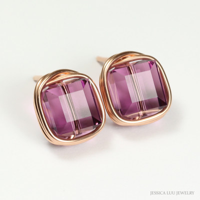 14K rose gold filled wire wrapped stud earrings with 8mm purple square cube Austrian crystals handmade by Jessica Luu Jewelry