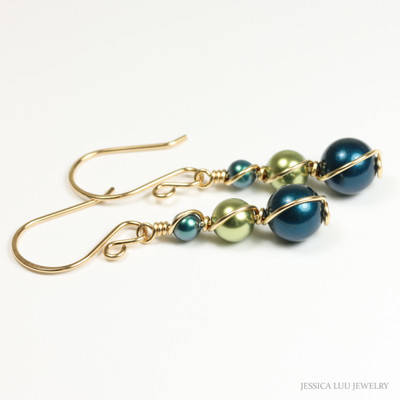 14K yellow gold filled wire wrapped peacock pearl dangle earrings handmade  by Jessica Luu Jewelry