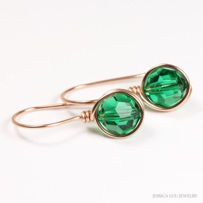 14K rose gold filled wire wrapped earrings with 8mm bright jade green crystals Handmade by Jessica Luu Jewelry